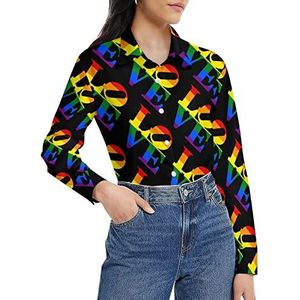 Love LGBT Gay Pride damesshirt met lange mouwen en knoopsluiting, casual werkshirts, tops, 5XL