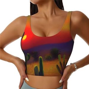 Zonsondergang Cactus in Woestijn Print Comfortabele Vrouwen Sport Vest Yoga Workout Vest voor Vrouwen Lichtgewicht Zomer, Zwart, S