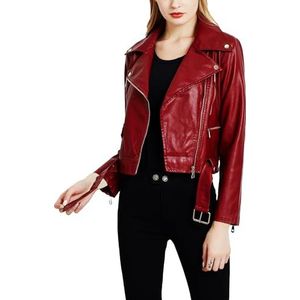 Dames biker zwart en rood kleur variatie jassen - Faux lederen blazer stijl bijgesneden korte body jas, Rood, XXL
