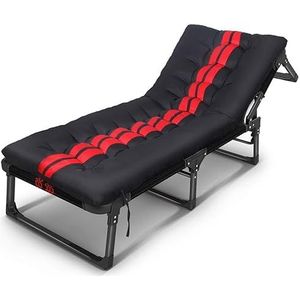 GEIRONV Vouwend volwassen eenpersoonsbed, verwijderbaar kussen draagbare strandstoel multifunctioneel verstelbaar kantoor dutje buiten camping bed Fauteuils (Color : Black red)