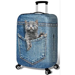 YEKEYI Wasbare Reizen Bagage Cover Grappige Cartoon 3D Denim Dieren Koffer Protector 45-90 cm, Blauwe Kat, L (Suitable for 25""-28"" luggage)