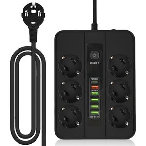 Meervoudige stekkerdoos, 6-voudig met 5 USB, meervoudige stekkerdoos voor wandmontage met schakelaar en 2 m kabel, bureau-stekkerdoos, snel opladen, stekkerdoos voor kantoor en thuis, zwart