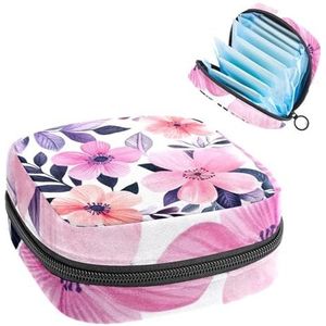 Draagbare maandverband Opbergtas, Menstruatiecup Pouch Vrouwelijke Menstruatie Pads Tas voor Tiener Meisjes, Tampons Eerste Periode Kit, Leuke Roze en Violet Bloemen Bladeren