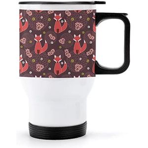 Leuke vossen met bloemen reizen koffiemok met handvat en deksel roestvrij staal auto beker dubbelwandige koffiemokken