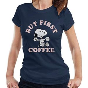 Peanuts But First Coffee Snoopy T-shirt voor dames, Donkerblauw, S