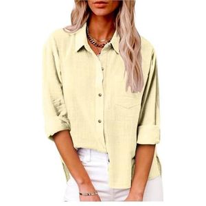 Dames katoenen linnen button-down overhemd 2024 lente casual effen kleur shirts met lange mouwen losse werktops met zakken(Color:Beige,Size:S)