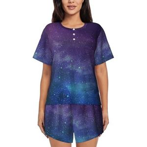 YQxwJL Universum Met Sterren Galaxy Interstellaire Print Vrouwen Pyjama Sets Shorts Korte Mouw Lounge Sets Nachtkleding Casual Pjs Met Zakken, Zwart, 3XL