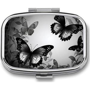 Zwart Grijs Vlinders Pil Doos, 2 Compartiment Geneeskunde Pil Case, Draagbare Pil Organizer voor Pocket Of Portemonnee Decoratieve Metalen Geneeskunde Vitamine Organizer