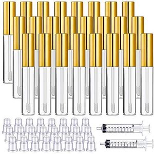 24 stuks 10 ml transparante lipgloss buizen met borstelpunt navulbare lipglazuur container lippenbalsem fles en 2 stuks 10 ml plastic spuit voor doe-het-zelf make-up, Goud, 26 Piece Set