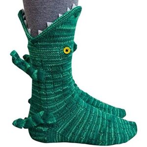 Gebreide krokodil sokken, Fashion Cartoon creatieve warme sokken, grillige krokodil gebreide manchetten, unieke winter huis warme zachte sokken, handgemaakte unisex kerstcadeaus, Groen, Eén maat