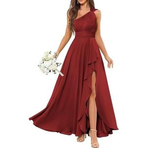 HPPEE Avondjurk met één schouder voor dames, met split en ruches, mouwloos, chiffon, formele avondjurk, Bordeaux, 32