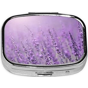 Mini vierkante pillendoos, medicijnorganizer, romantische paarse lavendel, draagbare EHBO-doos, reispillendoos met 2 vakken, kleine pillendoos voor zak of portemonnee
