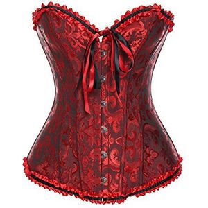 MISS MOLY Dameskorset, vintage volledig bustekorset, klassieke kleuren, met kant en veter, korset met G-tanga-print, donkerrood, S