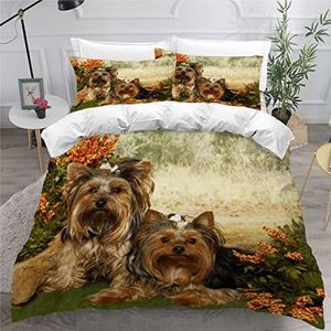 Beddengoed 200 x 200 cm, zacht hypoallergeen, Yorkshire-Terrier 3D-motief, lichte microvezel, dekbedovertrek, herfst, dieren, bloemen, jongeren, hoogwaardig dekbedovertrek met ritssluiting