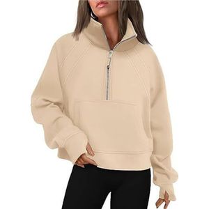 Dames Rits Korte Tops Shirts Casual Los Gebreid Pullover Sweatshirt Tops Outdoor Warme Jumper Shirts Tops Mode Truien Jas, gebroken wit, S