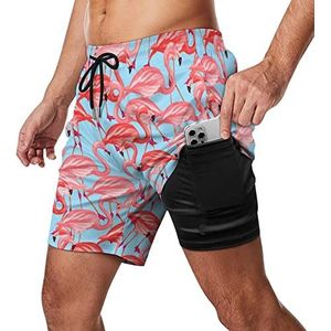 Tropical Flamingo Zwembroek voor heren, sneldrogend, 2-in-1 strandsportshorts met compressieliner en zak