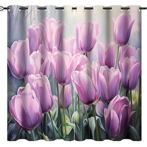 AEMYSKA Dromerige tulpen thermisch geïsoleerde kamer verduistering slaapkamer gordijnen roze paarse bloem rustieke print doorvoertule venster gordijn panelen/gordijnen 84x84 inch