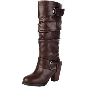Dames Kniehoge Laarzen Met Dubbele Gesp Lange Schacht Boots Met Blokhak, Brede Schacht Instapschoenen Grote Maten Rijlaarzen Van PU-leer Herfst/winter Hoge Hakken, 36-43EU(Brown,43 EU)
