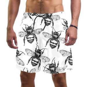 PAFEFO Zwemplank shorts voor mannen strandshorts voor tieners zomer sneldrogende sporten, handgeschilderde zwart-witte bij, Handgeschilderde zwart-witte bij, L