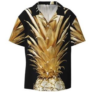 EdWal Gouden Ananas Print Heren Korte Mouw Button Down Shirts Casual Losse Fit Zomer Strand Shirts Heren Jurk Shirts, Zwart, M