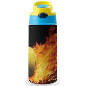 Burning Tennis Pictures RVS Waterflessen Herbruikbare Reizen Waterbeker met Handvat Siliconen Rietje Drinkbeker met Lekbestendige Deksel, Thermo Reismok voor Koude Warme Dranken, Sport