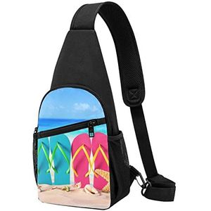 slippers op het strand gedrukt Borst pack Cross Body Borst Sling Rugzak Reizen Wandelen Borst Tas Dagrugzak, Zwart, One Size