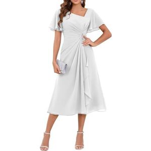 WSEYU Chiffon moeder van de bruid jurken asymmetrische thee lengte moeder van de bruidegom jurken voor bruiloft, Wit, 32