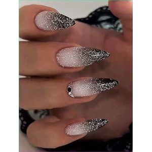 MouyouGlow Stiletto, lang, stiletto, Halloween, kleurverloop, zwart, glitter, glitter, gothic, 3D strass, kunstnagels met nagellijm, gradiënt zwarte kunstnagels