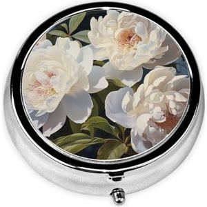 Pillendoosje met spiegel, retro pillendoosje met 3 vakken, witte pioenroos, kleine pillenorganizer voor portemonnee of zak, decoratieve metalen medicijnen, vitamine-organizer, unieke geschenken