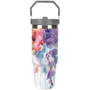 FHECVBN Grote Capaciteit Auto Cup Koffie Tumbler Aquarel Bloemen Koffie Mok Flip Stro Tumbler Rvs Cup Geïsoleerde Tumbler Travel Mok 30oz