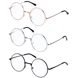 Metalen frame ronde bril retro metaal heldere lens bril, unisex, zwart, goud, zilveren kleur, 3 paar