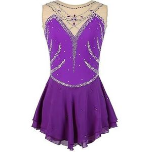 Nnnydjy Mouwloze schaatskleding voor dames Kunstschaatswedstrijdjurk met ronde hals Schaatspak voor meisjes Handgemaakt balletgymnastiek kostuum,Purper,11_13Years