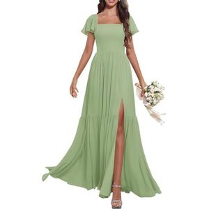 KURFACE Dames fladdermouwen V-hals chiffon bruidsmeisjesjurken met split geplooide lange avond formele feestjurk, Sage Groen, 32