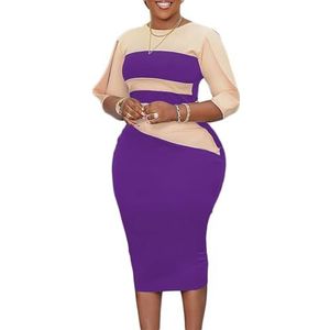 Vrouwen Plus Maat Jurk Patchwork Halve Mouwen Elegante Midi Dress Bodycon Casual Jurken (Color : Purple, Size : Medium)