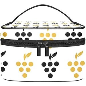 Monstera Patroon Oranje Wit Streep Make-up Tas voor Vrouwen Meisjes Cosmetische Tassen met Handvat Reizen Make-up Organizer Tas, Gouden Zwart Creatief Druiven Patroon, 8.9x5.9x5.4 Inches, Make-up zakje