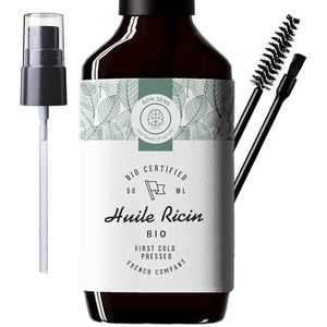 50ml Biologische Ricinusolie + Kwast en Borstel - 100% Puur, Natuurlijk, Koudgeperst - Castorolie voor Haar, Wimpers Wenkbrauwen, Baardolie - Castor Oil