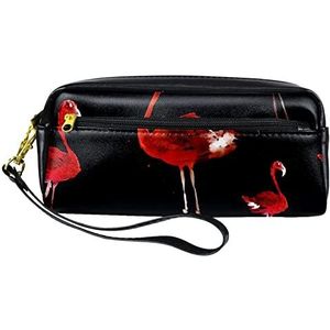 Kleine make-uptas voor dames,lederen make-uptasje,cosmetische reistas,Rode aquarel flamingo Afdrukken