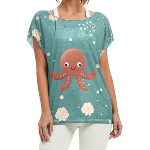 Leuke cartoon octopus korte vleermuismouwen shirt ronde hals T-shirts losse tops voor meisjes, Patroon, L