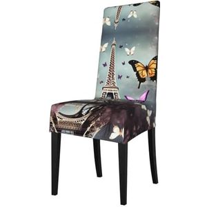 FRESQA Romantische Parijs vlinder Eiffel Print Elastische Eetkamerstoel Cover Met Verwijderbare Bescherming, Geschikt Voor De Meeste Armloze Stoelen