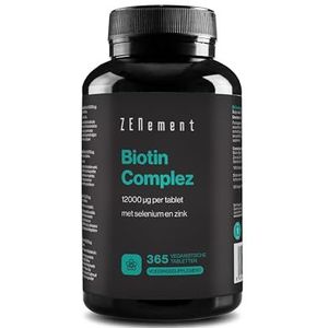 Biotine 12.000 mcg Hoog Gedoseerd met Zink en Selenium – 365 Vegan Tabletten (Jaarvoorraad) – Vitamines voor Haar, Huid en Nagels – Biotine Complex van Zenement