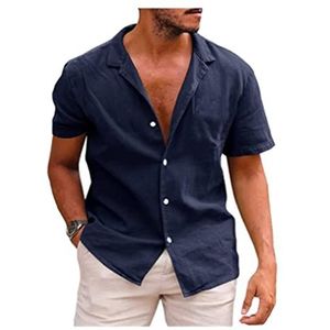 Heren Linnen Overhemd Korte Mouw Zomer Casual Katoenen Knopen Los Overhemd Strand Bruiloft Wit Overhemd(Blue A,XXL)