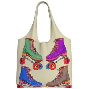 RLDOBOFE Retro Kleurrijke Rolschaatsen Print Canvas Tote Bag Voor Vrouwen Esthetische Boodschappentassen Schoudertas Herbruikbare Boodschappentassen, Zwart, One Size