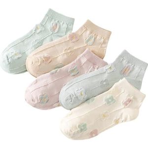 yeeplant Trendy korte katoenen sokken voor dames: elastisch pakket van 5 paar, comfortabel, ademend, antislip, schattige enkelsokken met bloemen voor meisjes, rekbaar, Meerkleurig, Eén Maat