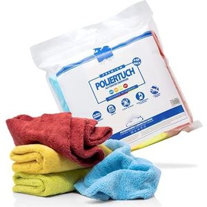 detailmate 4-delige set: Deluxe microvezeldoeken (rood, geel, groen, blauw) 550 g/m², randloos, langpolig, ideaal voor polijsten, waxen en verzegelen