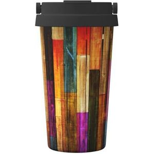 FRGMNT Kleurrijke Geschilderde Houten Print Thermische Koffie Mok,Reizen Geïsoleerde Deksel Roestvrij Staal Tumbler Cup voor Thuiskantoor Outdoor