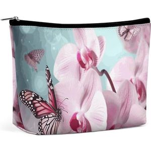 HEBVNJF Van de de Zak Draagbare Kosmetische Zak van de reismake-up Roze en Witte Bloemen Make-up Opbergzak voor Vrouw, Orchidee Bloem Vlinder, Eén maat