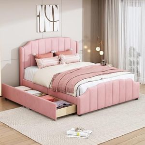 Aunvla Gestoffeerd bed, 140 x 200 cm, bedframe met 2 opbergladen, met hoofdeinde, voeteneinde en lattenbodem, fluweelgevoerd tweepersoonsbed, jeugdbed, logeerbed, roze
