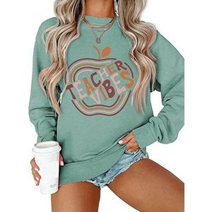 MLZHAN Leraar Vibes Sweatshirt voor Vrouw Grappige Apple Grafische Leraren Dag Gift Harajuku Esthetische Sweatshirts Tops, Lichtgroen, M