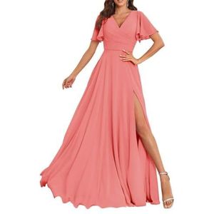 Chiffon bruidsmeisjesjurken voor dames, met split, lange baljurken, cocktailjurken, grote maten, Koraal, 32