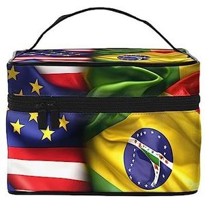 Amerikaanse vlag met cowboylaarzen afdrukken make-up tas,Draagbare cosmetische tas,Grote capaciteit reizen make-up case organizer, Amerikaanse en Braziliaanse vlaggen, Eén maat
